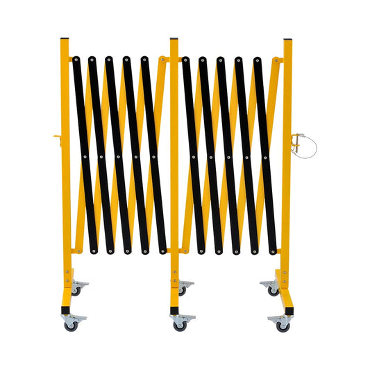 Expandable industrial metal barricade with yellow and black frame and caster wheels
