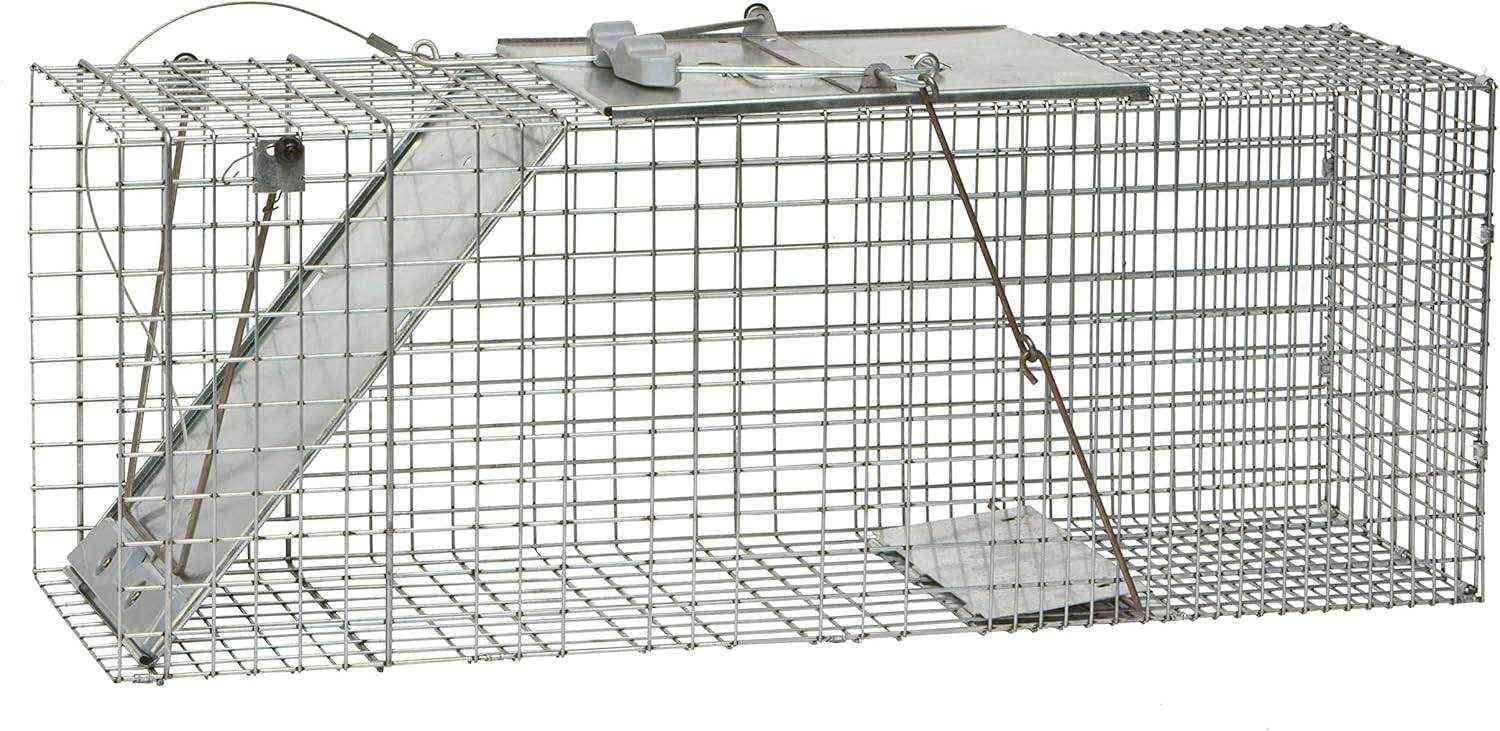 Side profile of Havahart 1085 humane live animal trap with spring-loaded door