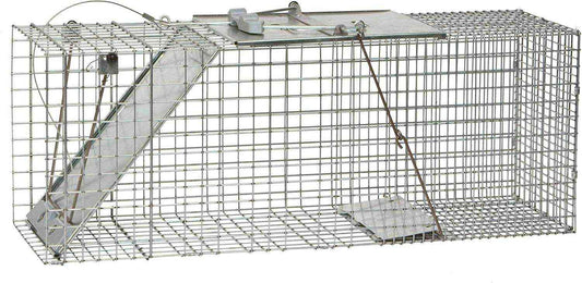 Side profile of Havahart 1085 humane live animal trap with spring-loaded door