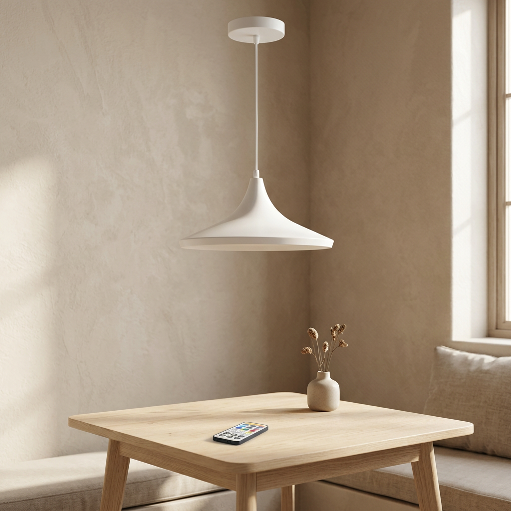 Staged white pendant light above a breakfast table