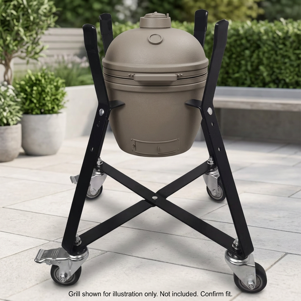 BBQ rolling cart frame staged with an illustrative grill; grill not included, confirm fit