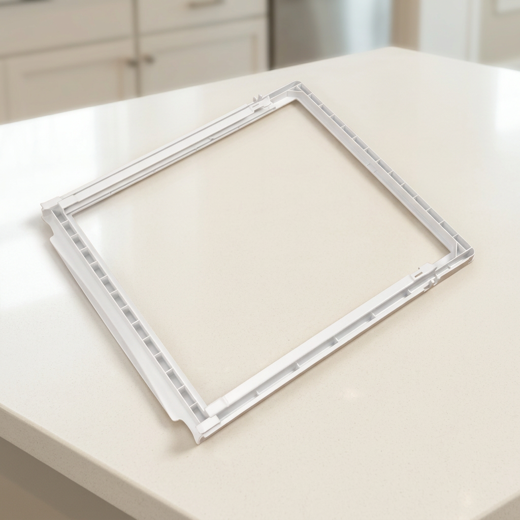 Staged white crisper cover frame on a kitchen countertop