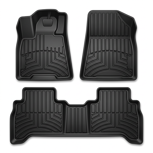 AI-generated concept illustration of three black automotive floor mats; actual product shape and appearance may differ.