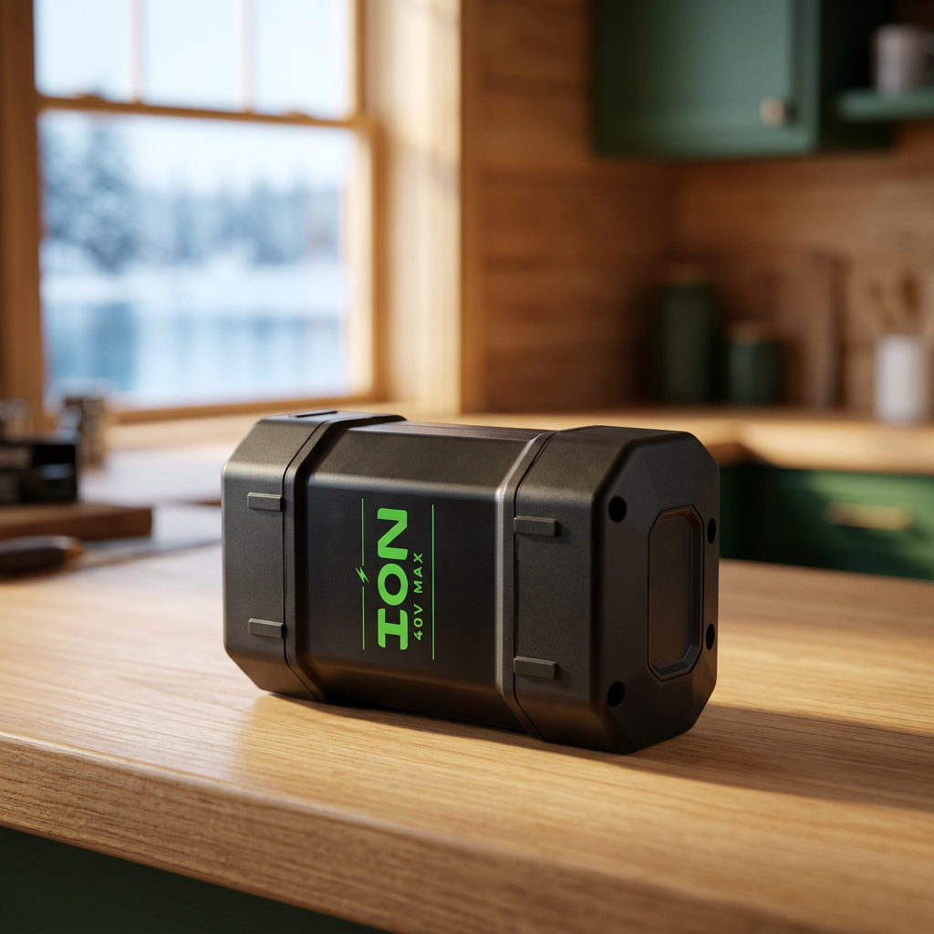 ION battery staged in a warm lakeside fishing cabin