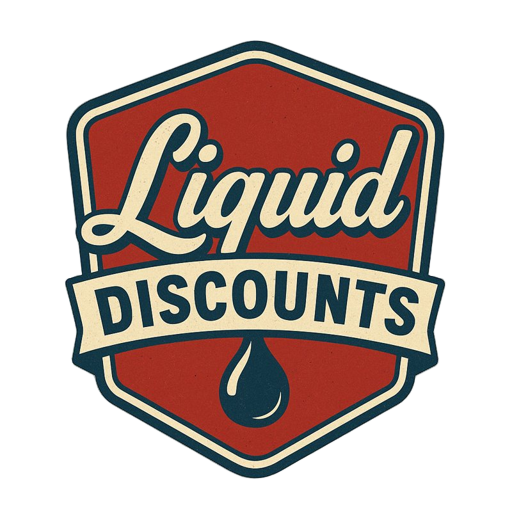 Logo with 'Liquid Discounts' text on a red and beige background