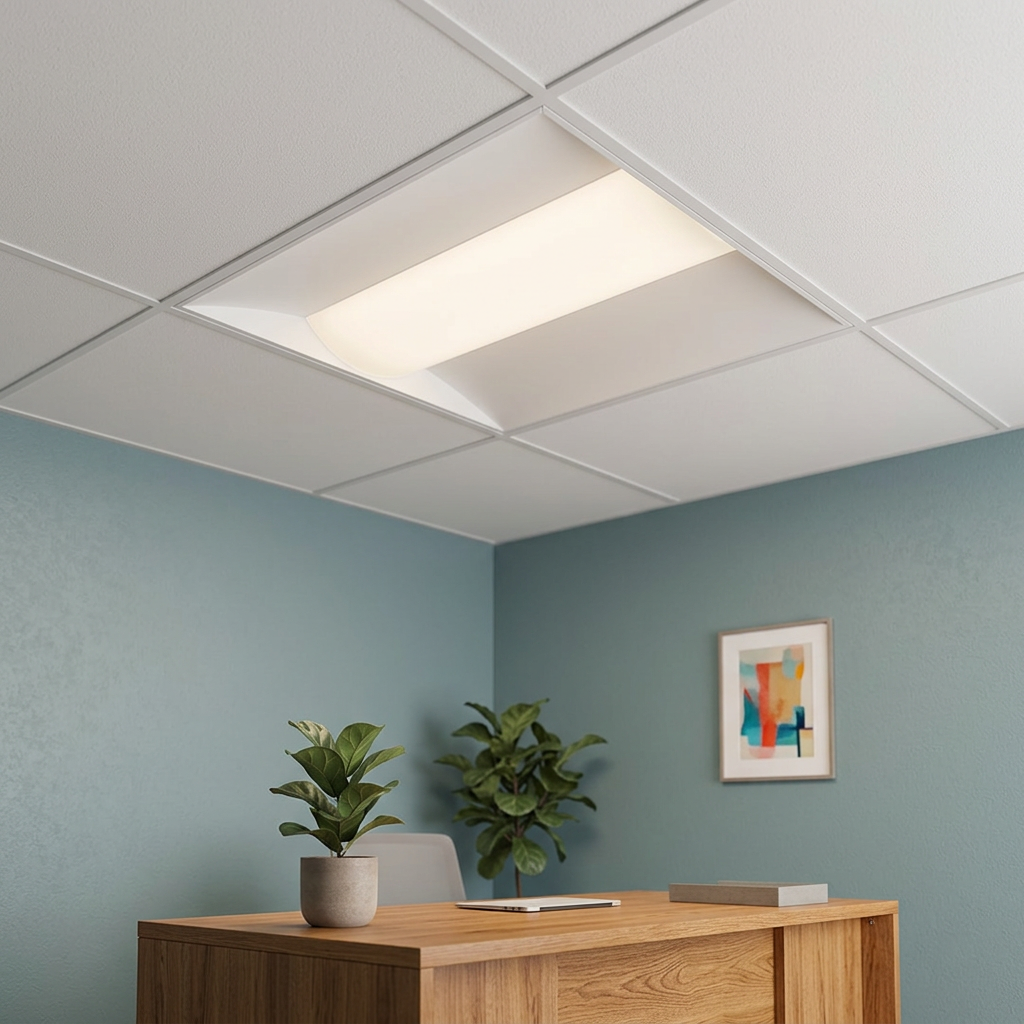 Lithonia LED ceiling fixture staged in a modern office