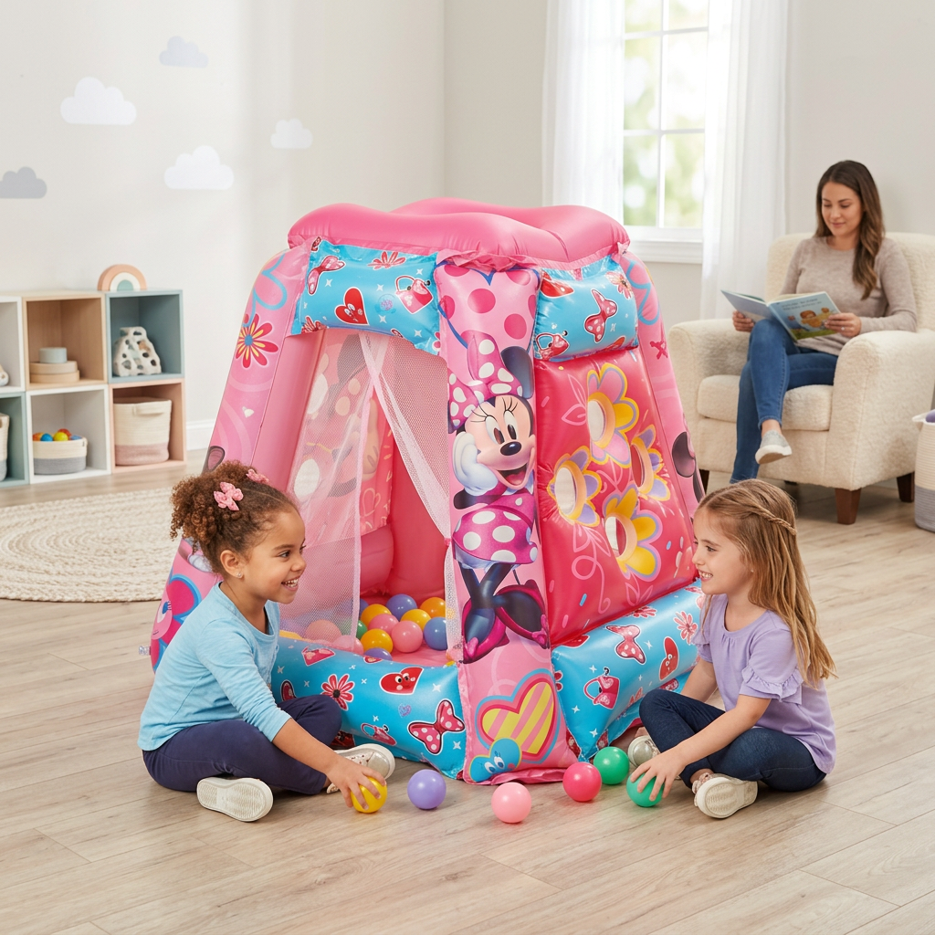 Minnie Mouse ball pit staged with kids in a playroom