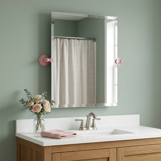 Pink frameless beveled-edge tilt mirror staged in a colorful bathroom