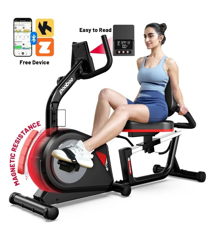 Woman using a magnetic resistance exercise bike with digital display and smartphone app icons