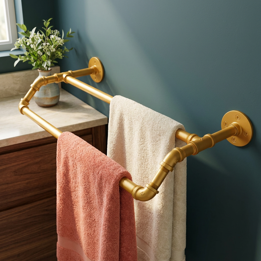 Spanish Gold double towel bar staged with deep teal walls and coral accents