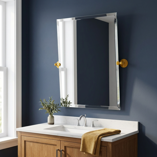 Spanish Gold rectangular tilt mirror staged in a colorful navy bathroom