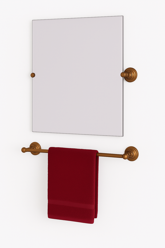 Allied Brass Rectangular frameless beveled-edge tilt 26"x21" mirror paired with a brushed bronze 24" single towel bar holding a burgundy towel on a white background