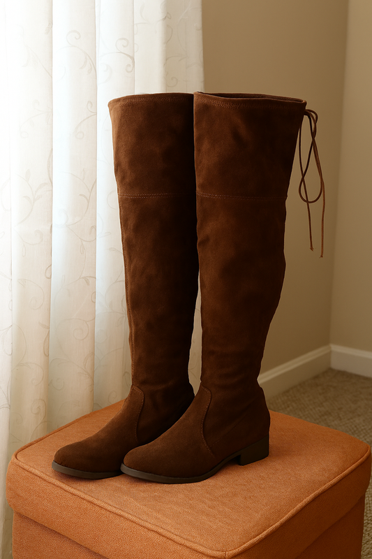 Brown suede over the knee boots on an orange ottoman with a neutral background
