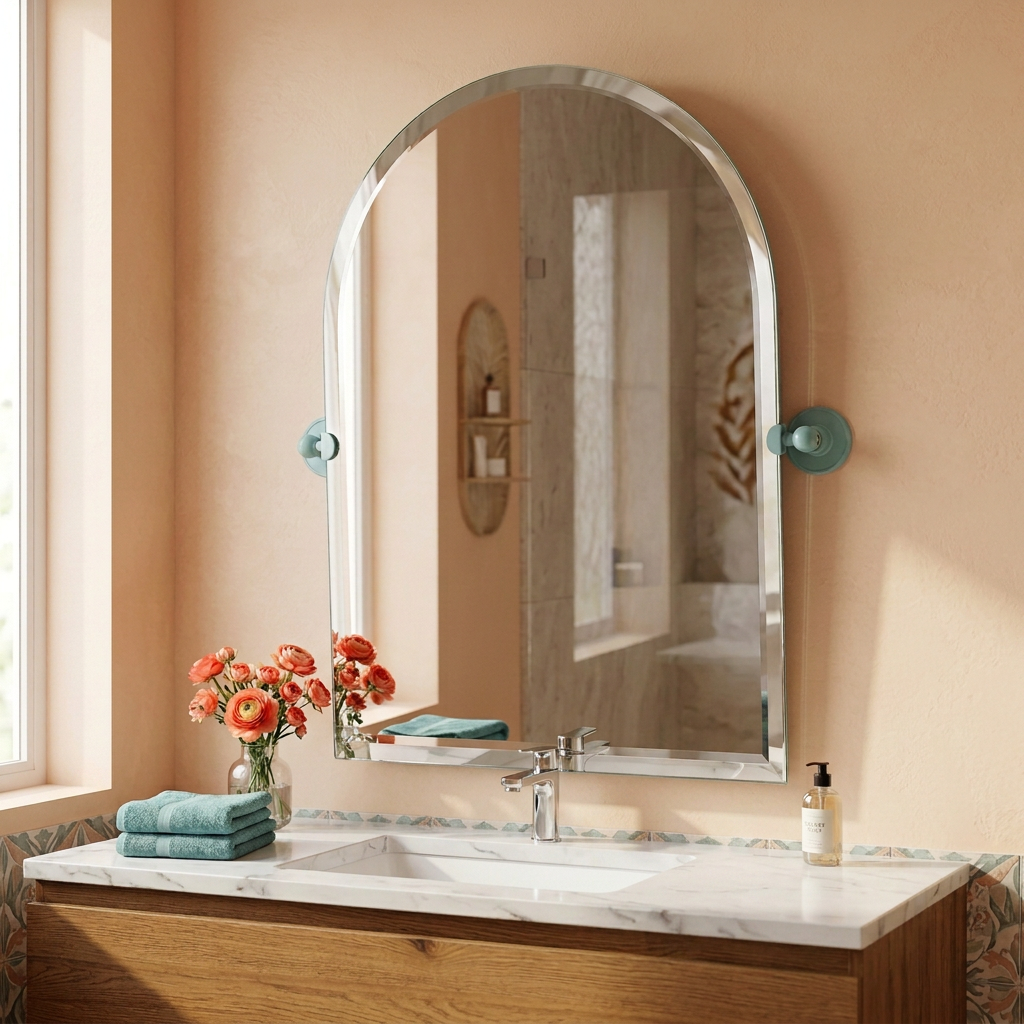Teal arched tilt mirror staged in a colorful peach bathroom