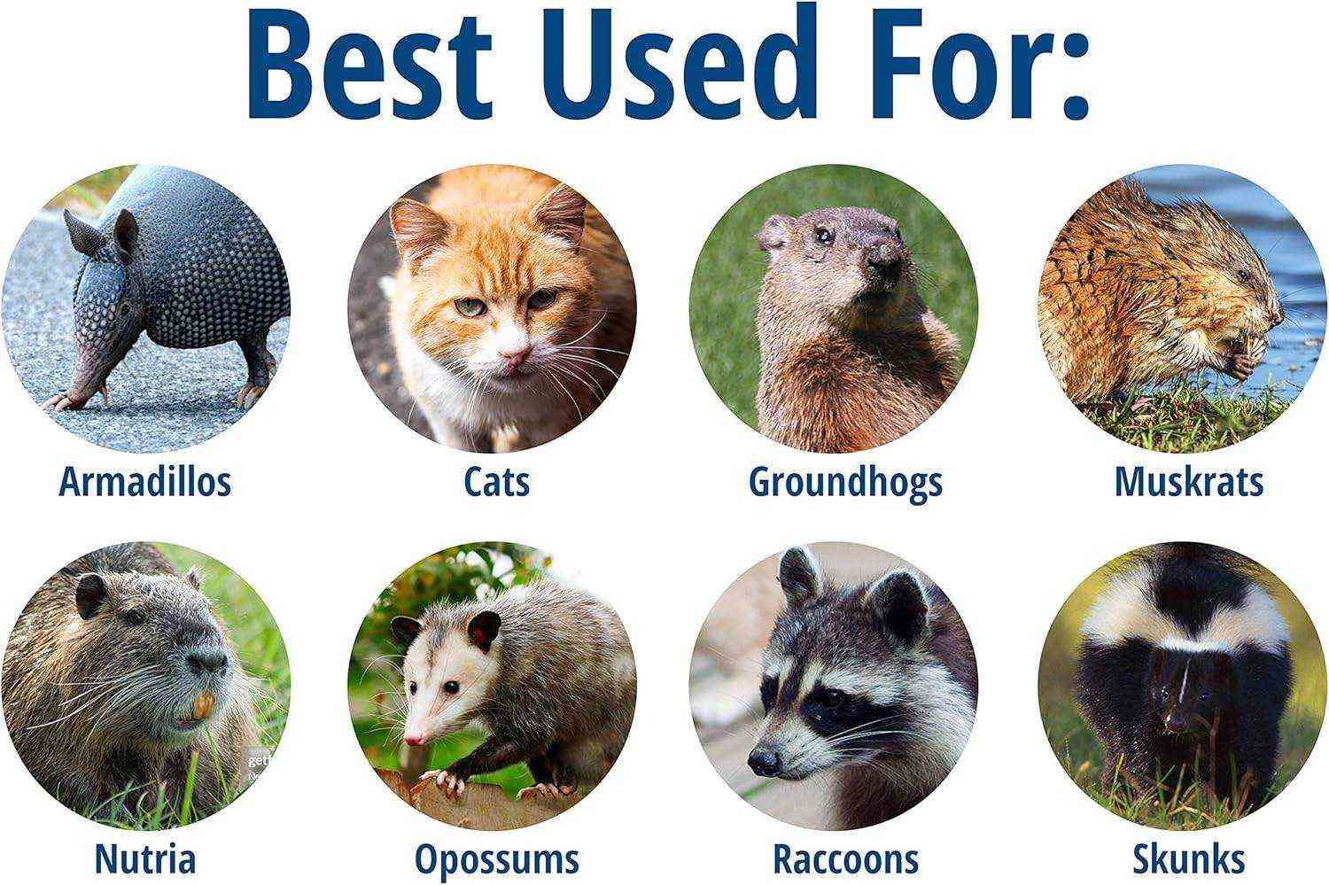 Trap use chart showing suitability for armadillos, cats, groundhogs, muskrats, nutria, opossums, raccoons, and skunks