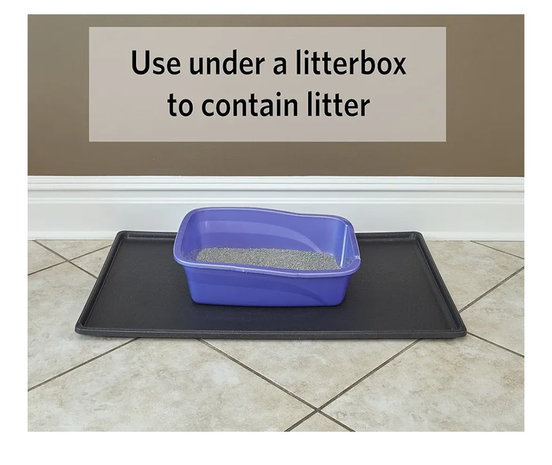 Purple litter box on a black tray with text indicating its use under a litterbox.