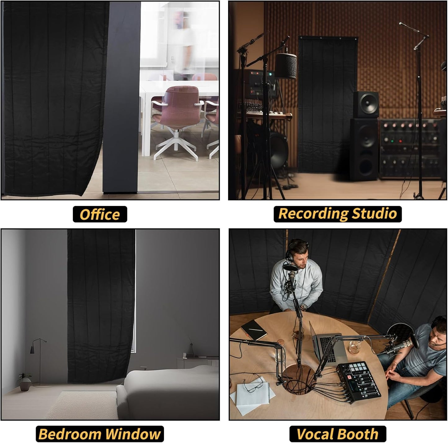 TroyStudio Soundproofing Blanket used in various settings, including offices, recording studios, bedrooms, and vocal booths for noise reduction.