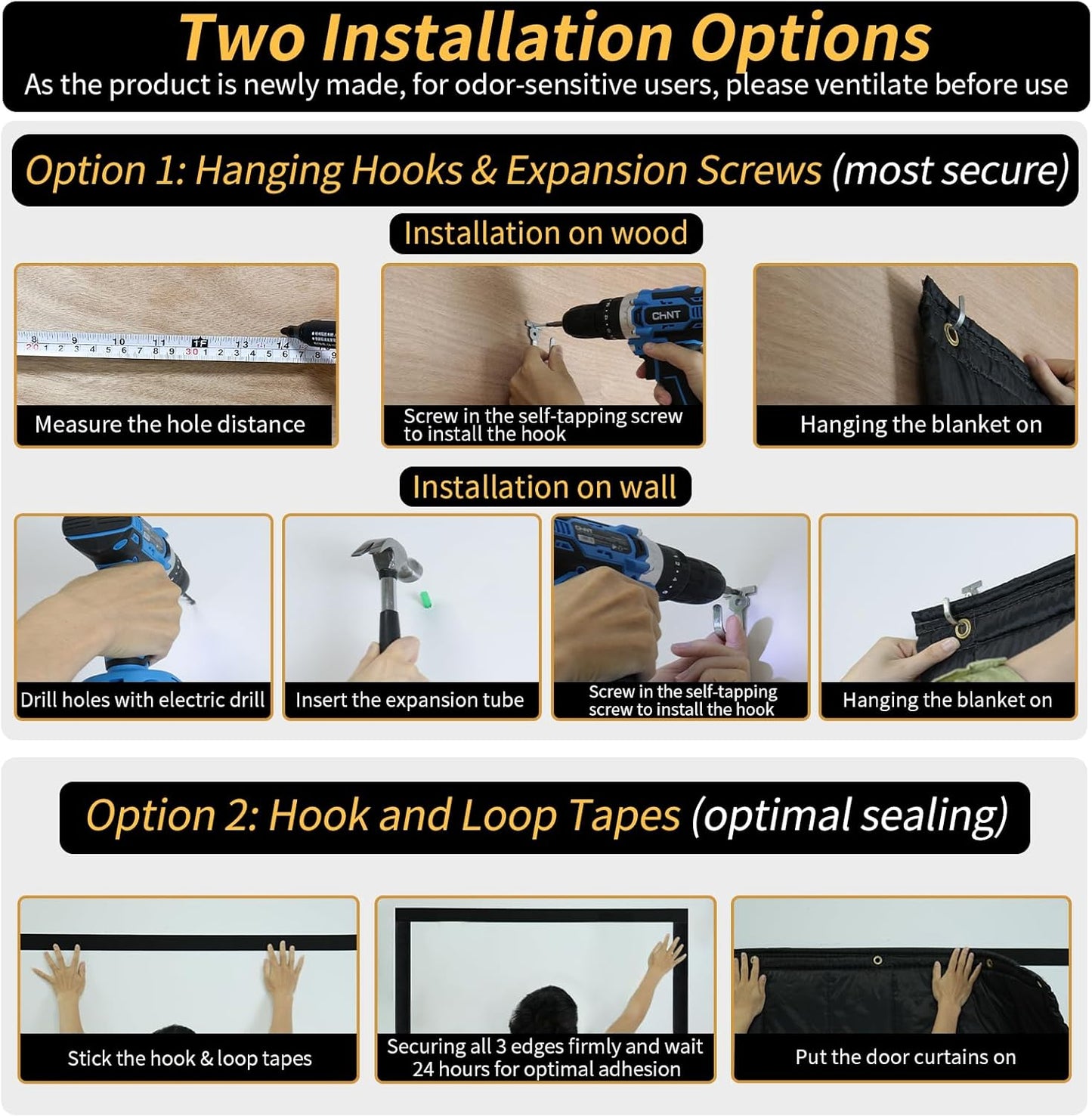 Two installation options for the TroyStudio Soundproofing Blanket: hanging with hooks or attaching with hook-and-loop tape for a secure fit.